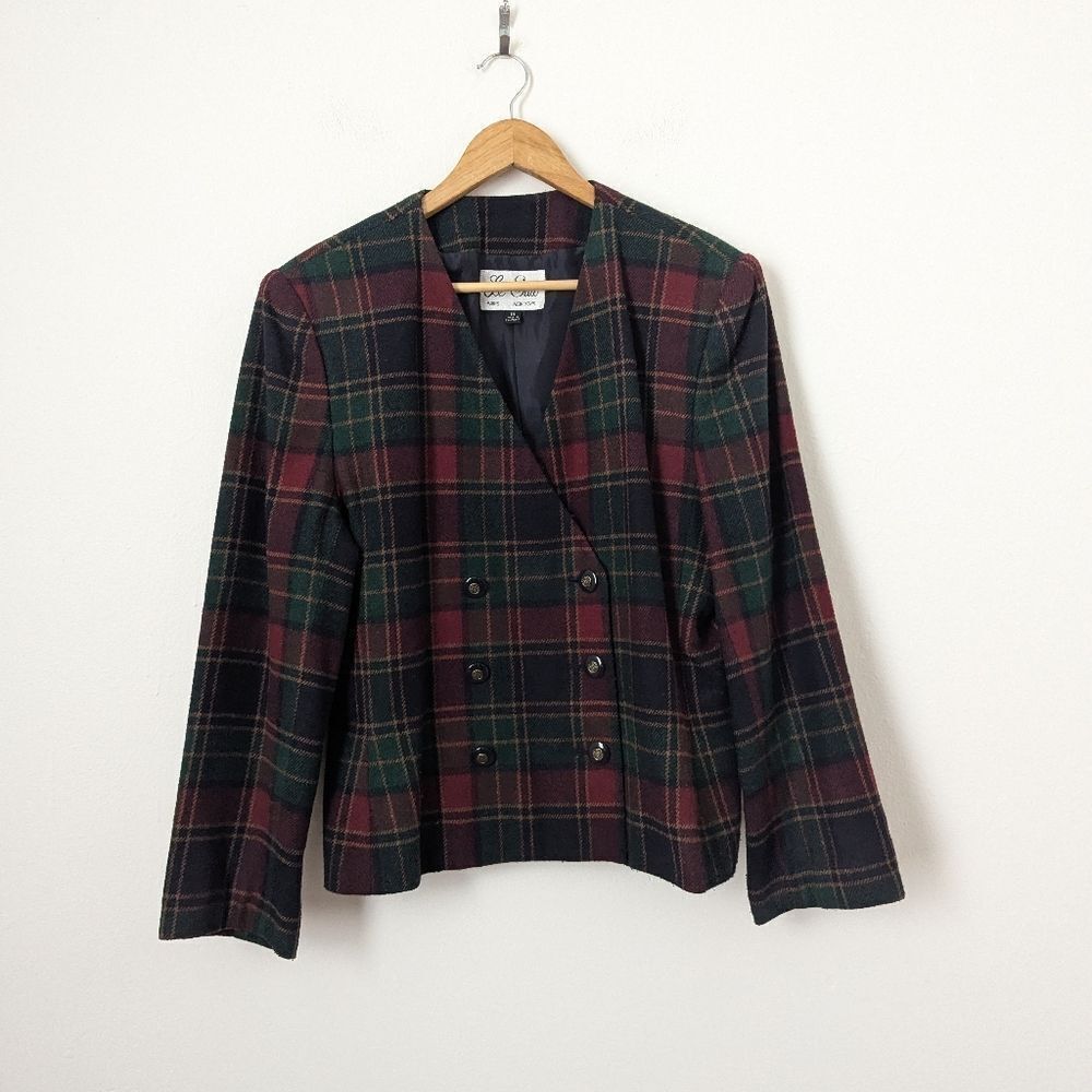 Vintage Le Suit red green gold plaid wool blend double breasted blazer jacket